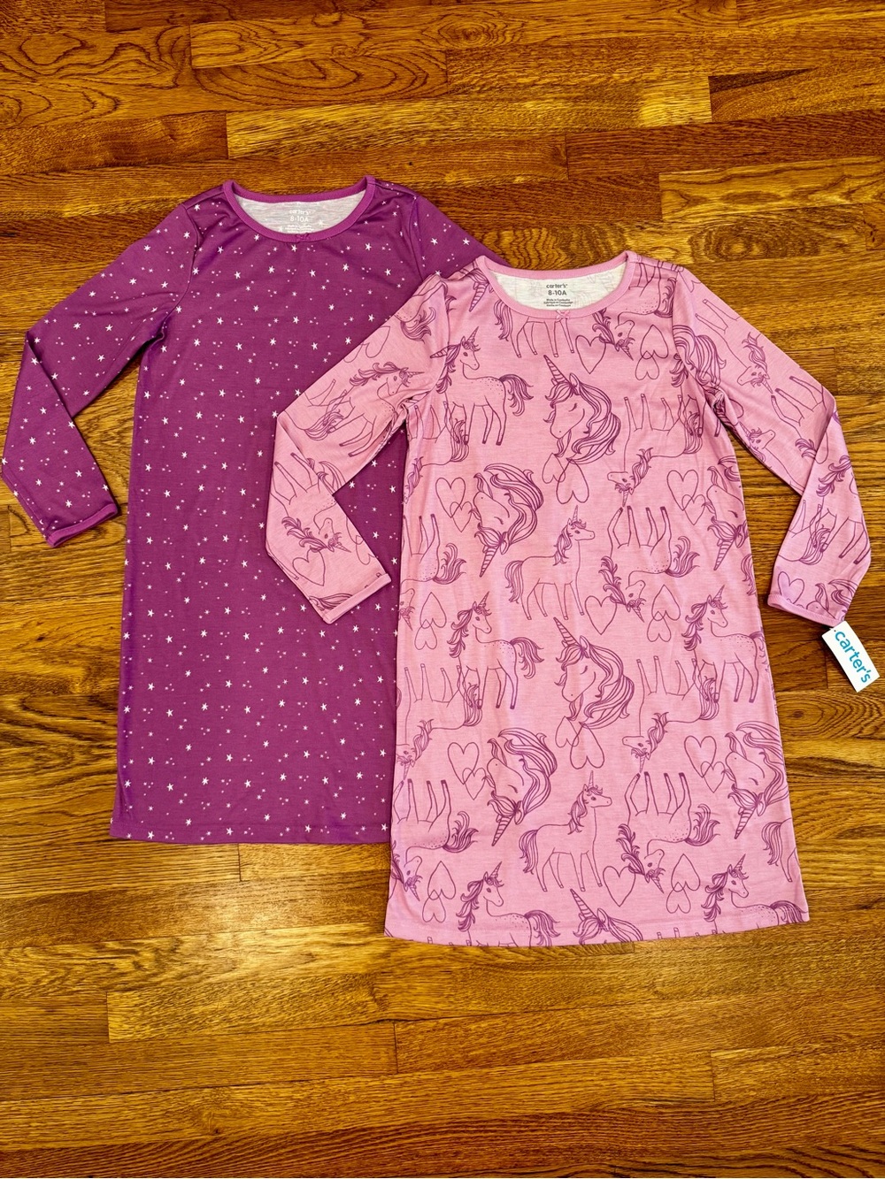 Bundle of 2 Carter's Pink Unicorn & Purple Star Nightgowns-NWT & NWOT - Sz 8-10